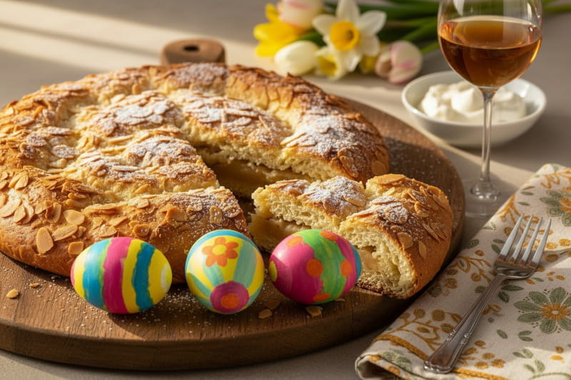 Ein goldbraun gebackener Osterfladen mit Mandeln und Marzipan auf einem Holzbrett neben einem Glas Vin Santo.