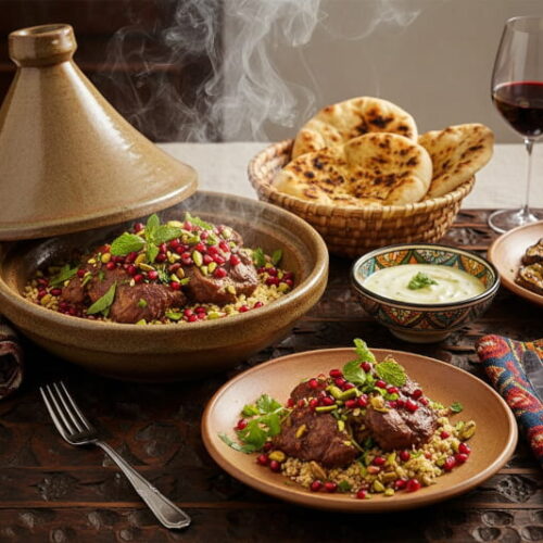 Wein zum Essen: Orientalisches Osterlamm mit Granatapfel und Pistazien neben einem Glas Rotwein.