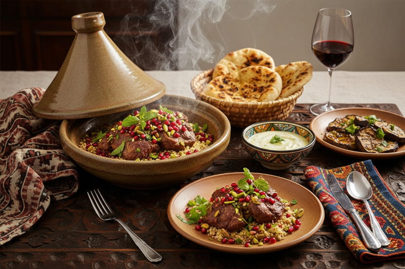 Wein zum Essen: Orientalisches Osterlamm mit Granatapfel und Pistazien neben einem Glas Rotwein.