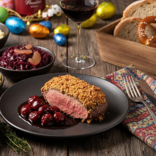 Wein zum Essen: Rosa gebratener Rehrücken mit Haselnusskruste, Kirschsauce und einem Glas Primitivo Rotwein.