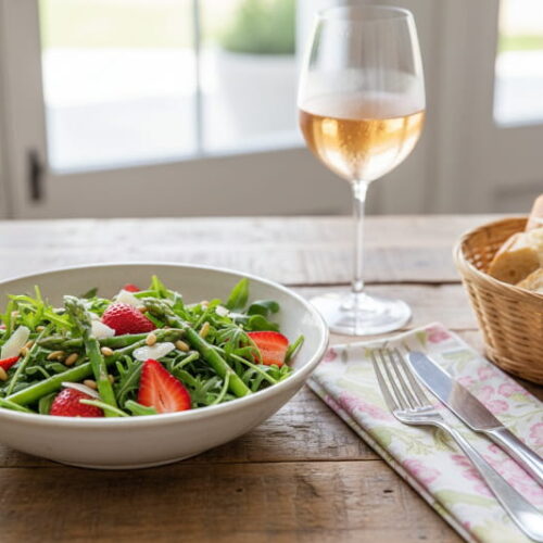 Wein zum Essen: Knackiger Spargel-Erdbeer-Salat neben einem Glas Spätburgunder Rosé Wein.