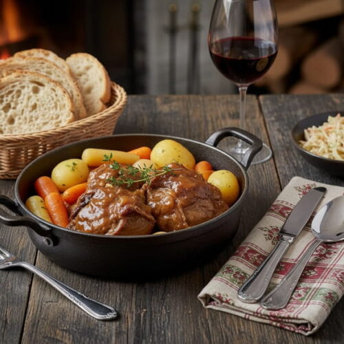 Wein zum Essen: Geschmorter Schafbraten Schöpsernes neben einem Glas Zweigelt Rotwein.