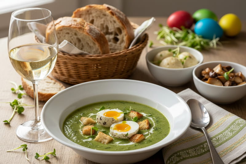 Ein grünes Wildkräuter-Süppchen mit Wachtelei im Teller neben einem Glas Grüner Veltliner Weißwein.