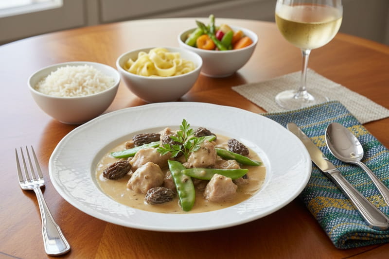 Wein zum Essen: Edles Kalbsfrikassee mit Morcheln neben einem Glas Weißburgunder Wein.