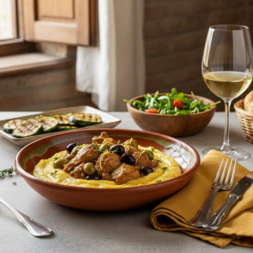 Zartes Kaninchen-Ragout mit Oliven und Zitronenzeste auf cremiger Polenta in Terrakotta-Teller, dazu ein elegantes Weißweinglas mit Vermentino