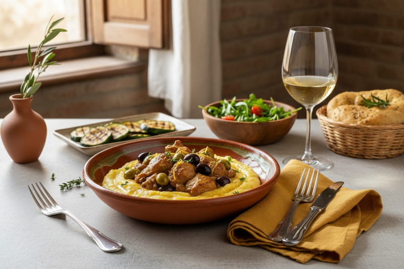 Zartes Kaninchen-Ragout mit Oliven und Zitronenzeste auf cremiger Polenta in Terrakotta-Teller, dazu ein elegantes Weißweinglas mit Vermentino