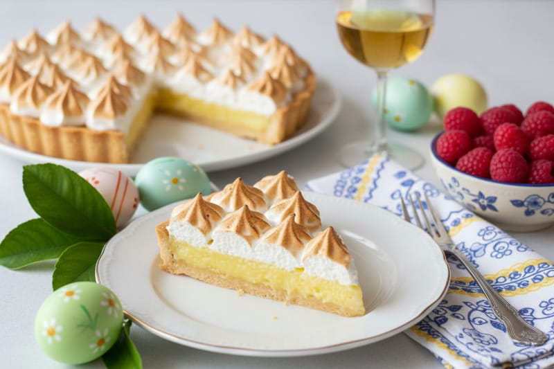 Wein zum Essen: Eine Zitronen-Tarte mit Baiser-Haube und ein Glas edelsüßer Riesling Weißwein.