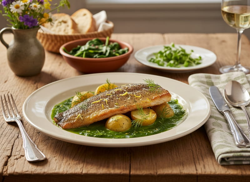 Bachsaibling mit Bärlauch-Beurre-Blanc und neuen Kartoffeln, Nahaufnahme auf cremefarbenem Teller, Pinot Gris Weißweinglas, bayerischer Bauerntisch