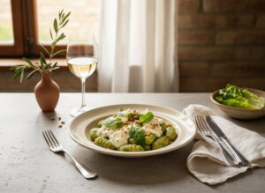 Bärlauch-Gnocchi mit Ziegenfrischkäse und Pinienkernen in cremefarbenem Teller, Vermentino Weißweinglas, toskanisches Trattoria-Setting
