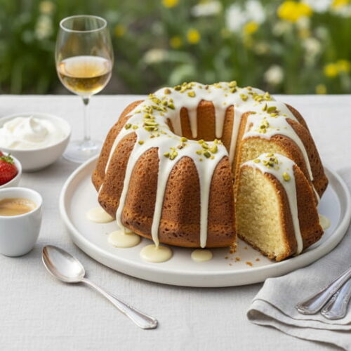 Eierlikör-Gugelhupf mit weißem Schokoladenguss und gehackten Pistazien auf Keramikplatte, Frühlingssetting mit Erdbeeren und Vin Santo Glas