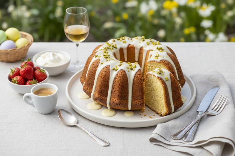 Eierlikör-Gugelhupf mit weißem Schokoladenguss und gehackten Pistazien auf Keramikplatte, Frühlingssetting mit Erdbeeren und Vin Santo Glas