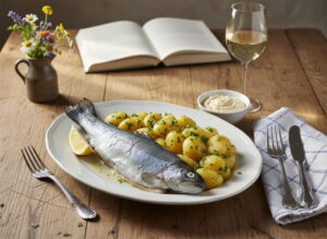 Forelle blau mit Meerrettich-Sahne und Petersilienkartoffeln auf ovalem Teller, Riesling Weißweinglas, bayerischer Bauerntisch