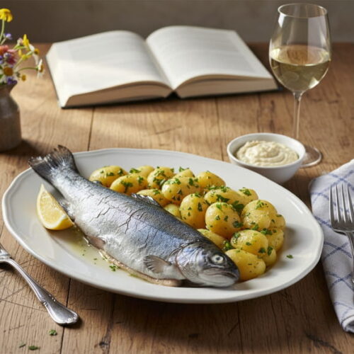 Forelle blau mit Meerrettich-Sahne und Petersilienkartoffeln auf ovalem Teller, Riesling Weißweinglas, bayerischer Bauerntisch