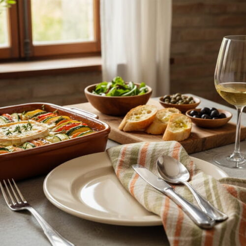 Frühlingsgemüse-Tian mit Ziegenkäse in Keramikform, Verdicchio Weißweinglas, toskanisches Trattoria-Setting