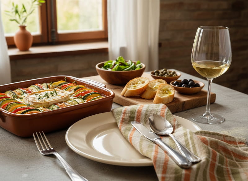 Frühlingsgemüse-Tian mit Ziegenkäse in Keramikform, Verdicchio Weißweinglas, toskanisches Trattoria-Setting