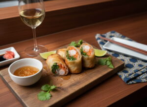 Selbstgemachte Frühlingsrollen mit Garnelen und Reisnudeln auf Holzbrett, Riesling Weißweinglas, japanisches Izakaya-Setting