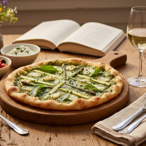 Grüner Spargel auf Flammkuchen mit Bärlauchcreme und Ziegenkäse auf Holzbrett, bayerisches Setting mit Müller-Thurgau Glas