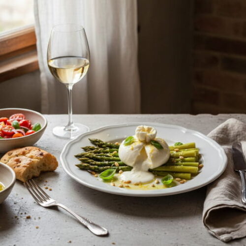 Grüner Spargel mit Burrata und Zitronen-Olivenöl-Dressing auf weißem Teller, mediterranes Setting mit Vermentino Glas