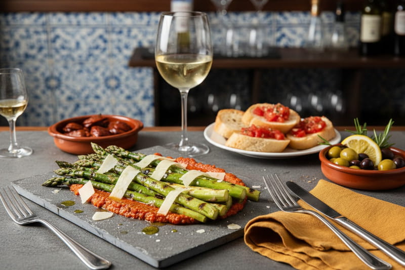 Gegrillter grüner Spargel mit Röststreifen auf Romesco-Sauce und gehäuftem Manchego, auf grauer Steinplatte, spanisches Tapas-Setting