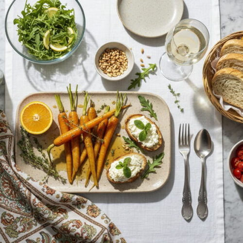 Junge Karotten glasiert mit Ingwer-Honig und Ricotta-Crostini auf rustikalem Brett, Grauburgunder Weißweinglas, norditalienisches Marmor-Setting