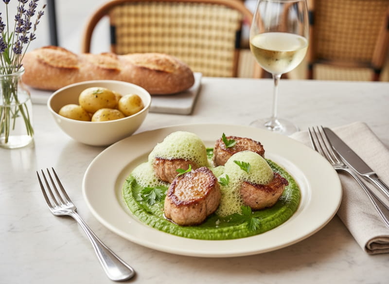 Kalbsmedaillons mit Erbsenpüree und Kräuterschaum auf cremefarbenem Teller, Weißburgunder Weißweinglas, Pariser Bistro-Setting