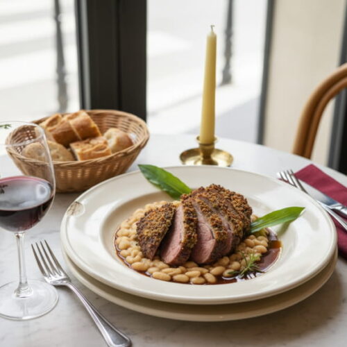Lammkeule mit Bärlauchkruste und weißen Bohnen auf cremefarbenem Teller, Côtes du Rhône Rotweinglas, Pariser Bistro-Setting