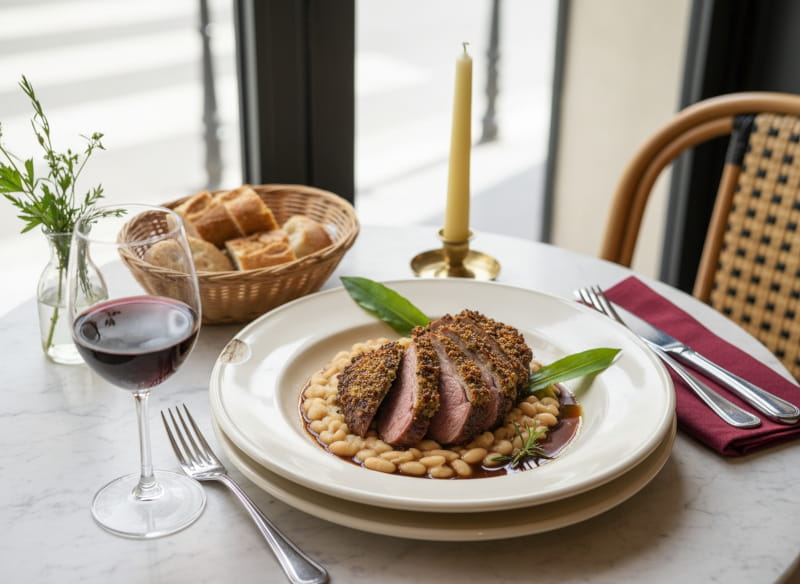 Lammkeule mit Bärlauchkruste und weißen Bohnen auf cremefarbenem Teller, Côtes du Rhône Rotweinglas, Pariser Bistro-Setting