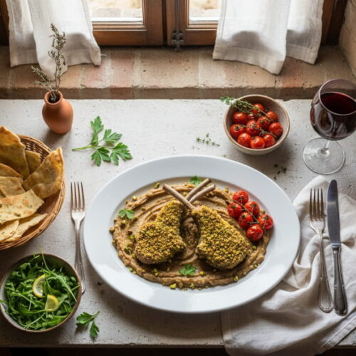 Lammkoteletts mit Pistazien-Kräuterkruste und Auberginenpüree auf flachem Teller, Primitivo Rotweinglas, toskanisches Trattoria-Setting