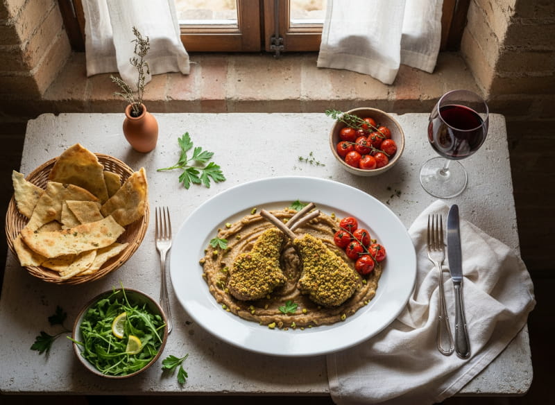 Lammkoteletts mit Pistazien-Kräuterkruste und Auberginenpüree auf flachem Teller, Primitivo Rotweinglas, toskanisches Trattoria-Setting