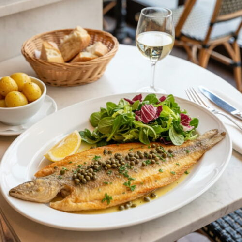 Maischolle mit Kapernbutter und Blattsalat auf ovalem Teller, Chablis Weißweinglas, Pariser Bistro-Setting