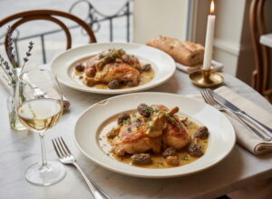 Poularde mit Morcheln und Vin Jaune-Sauce auf cremefarbenem Teller, Meursault Weißweinglas, Pariser Bistro-Setting