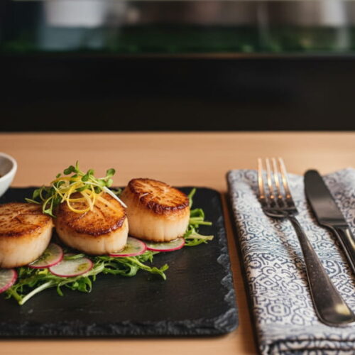 Radieschensalat mit Jakobsmuscheln und Wasabi-Vinaigrette auf dunklem Schieferteller, Muscadet Weißweinglas, Sushi-Bar-Setting