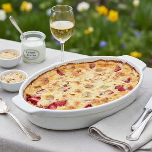 Rhabarber-Erdbeer-Gratin mit goldbrauner Holunderblüten-Zabaione in weißer Auflaufform, Frühlingssetting mit Erdbeeren und Mandelblättchen