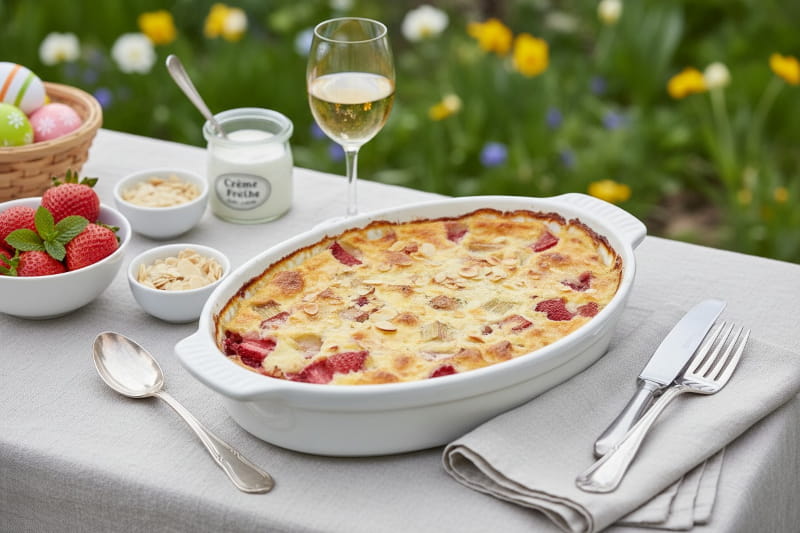 Rhabarber-Erdbeer-Gratin mit goldbrauner Holunderblüten-Zabaione in weißer Auflaufform, Frühlingssetting mit Erdbeeren und Mandelblättchen