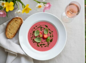 Rhabarber-Gazpacho kalt mit Erdbeere und Basilikumöl in mattem Teller, Rosé de Provence Glas, frühlingshaftes Outdoor-Setting