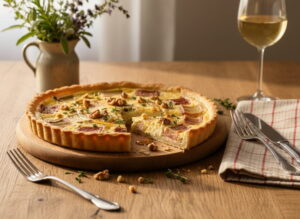 Herzhafte Rhabarber-Tarte mit Ziegenkäse und Walnuss auf rustikalem Holzbrett, Gewürztraminer Weißweinglas, bayerischer Bauerntisch
