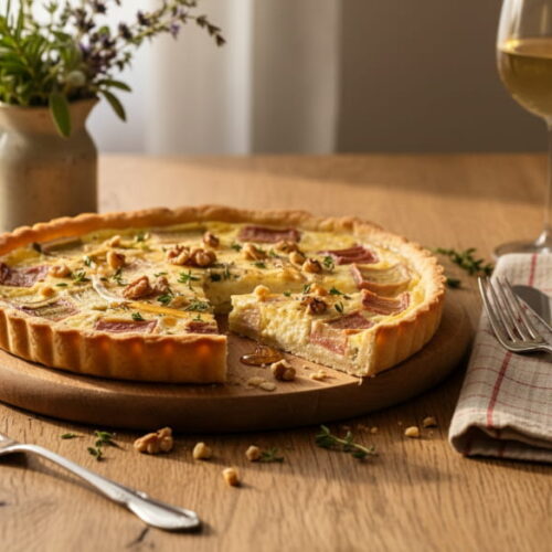 Herzhafte Rhabarber-Tarte mit Ziegenkäse und Walnuss auf rustikalem Holzbrett, Gewürztraminer Weißweinglas, bayerischer Bauerntisch
