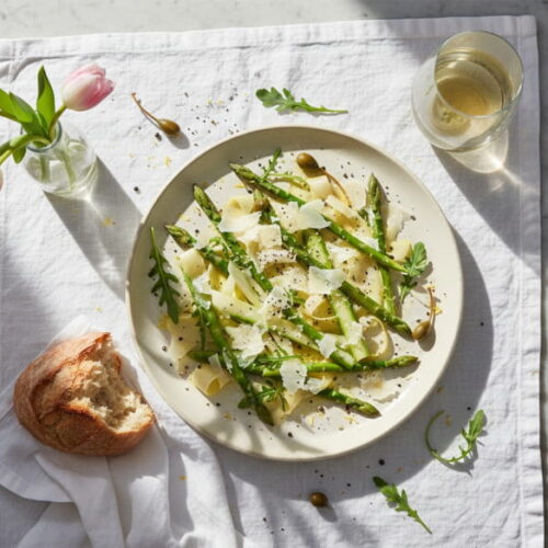Spargel-Carpaccio roh mit Parmesanspänen und Zitronenöl auf cremefarbener Platte, Pinot Grigio Weißweinglas, norditalienisches Marmor-Setting