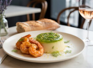 Herzhafte Spargel-Panna-Cotta mit Spargelgelee und Garnele auf cremefarbenem Teller, Rosé de Provence Glas, Pariser Bistro-Setting
