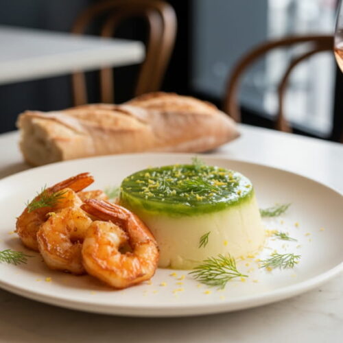 Herzhafte Spargel-Panna-Cotta mit Spargelgelee und Garnele auf cremefarbenem Teller, Rosé de Provence Glas, Pariser Bistro-Setting