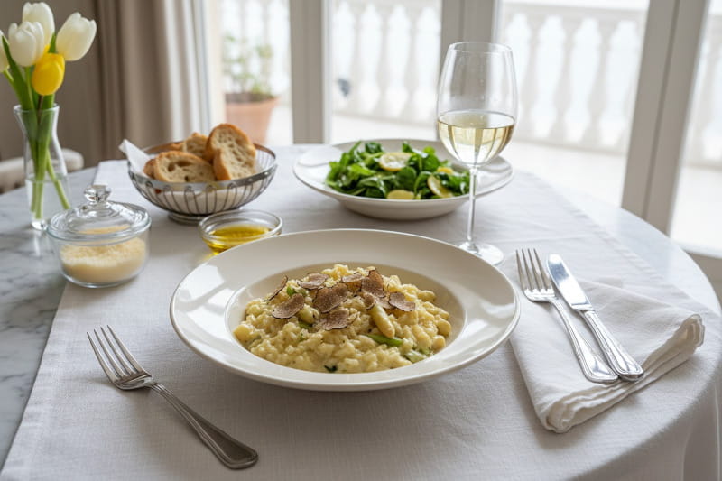 Spargelrisotto mit weißem Spargel und schwarzem Trüffel in einem tiefen Teller, daneben ein Glas Bourgogne Blanc