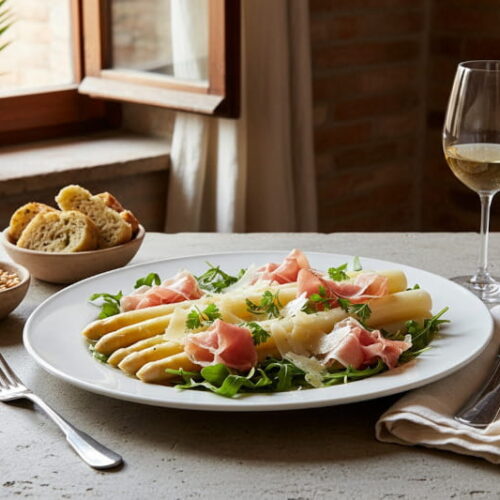 Spargelsalat mit Prosciutto di Parma und Parmesanspänen auf weißem Teller, daneben Sancerre Weißweinglas, toskanisches Trattoria-Setting