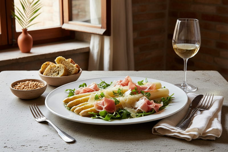 Spargelsalat mit Prosciutto di Parma und Parmesanspänen auf weißem Teller, daneben Sancerre Weißweinglas, toskanisches Trattoria-Setting