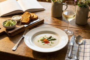 Kalte Spargelsuppe mit Wasabi-Sahne und Forellenkaviar in weißer Suppenschale, bayerisches Fensterlicht, Weißweinglas leicht beschlagen