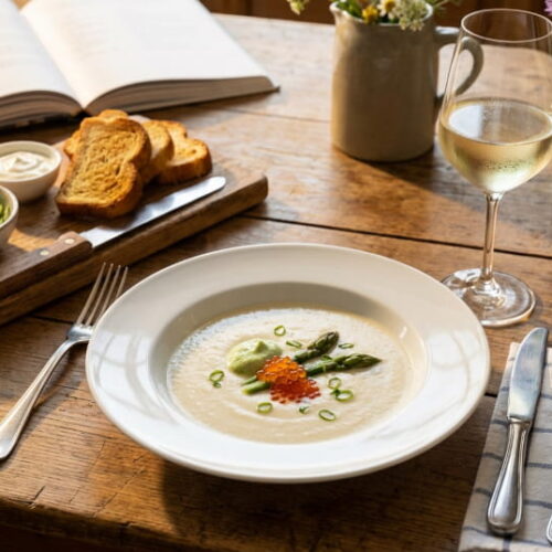 Kalte Spargelsuppe mit Wasabi-Sahne und Forellenkaviar in weißer Suppenschale, bayerisches Fensterlicht, Weißweinglas leicht beschlagen