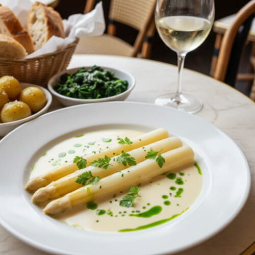 Weißer Spargel Sous-vide mit Beurre Blanc und Kräuteröl, Nahaufnahme auf cremefarbenem Teller, Pariser Bistro-Setting
