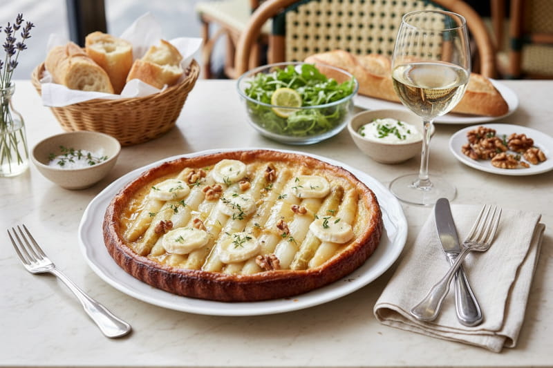 Weißer Spargel-Tarte Tatin mit Ziegenfrischkäse und Honig auf Porzellanteller, Pariser Bistrolicht, Weißweinglas leicht beschlagen