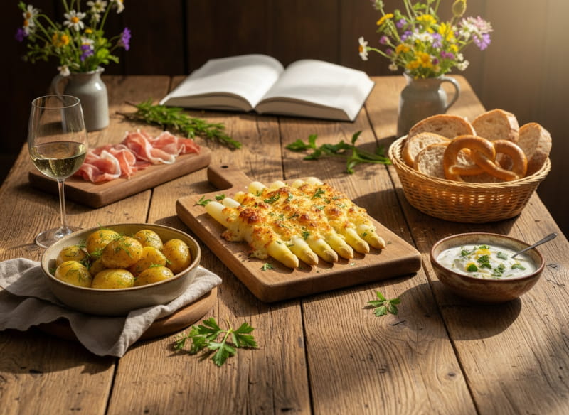 Weißer Spargel im Backofen mit Parmesan-Kräuterkruste auf rustikalem Holzbrett, Silvaner Weißweinglas, bayerischer Bauerntisch