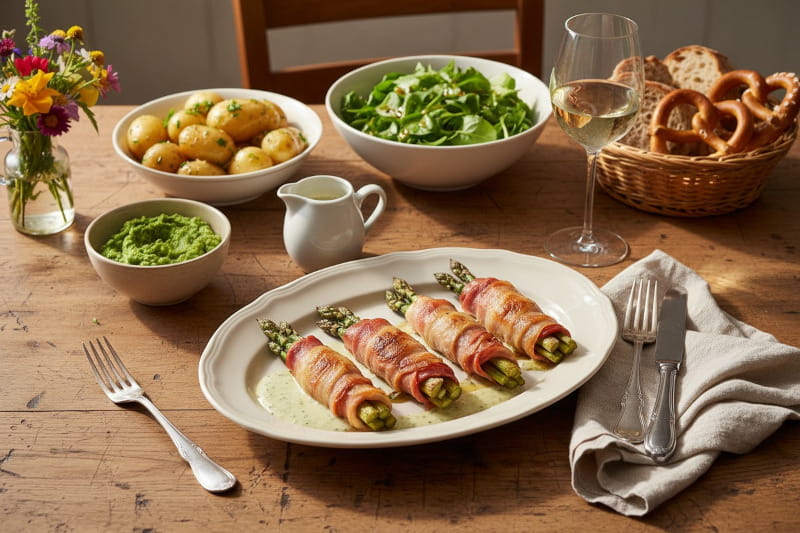 Weißer Spargel im Schinkenmantel gebacken mit Estragonsauce auf einem Teller, daneben ein Glas Weißburgunder Pfalz