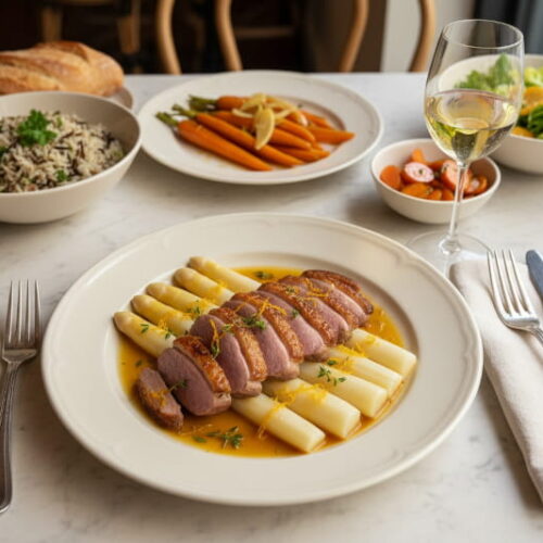 Weißer Spargel mit Entenbrust und Orangenjus auf cremefarbenem Teller, Pinot Gris Weißweinglas, Pariser Bistro-Setting